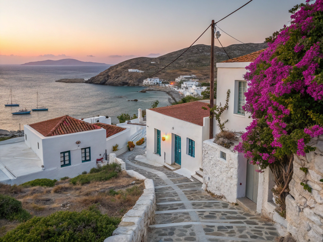 Golden sunset panorama over a Sifnos coastal village and bay, featured on the full-day private island tour